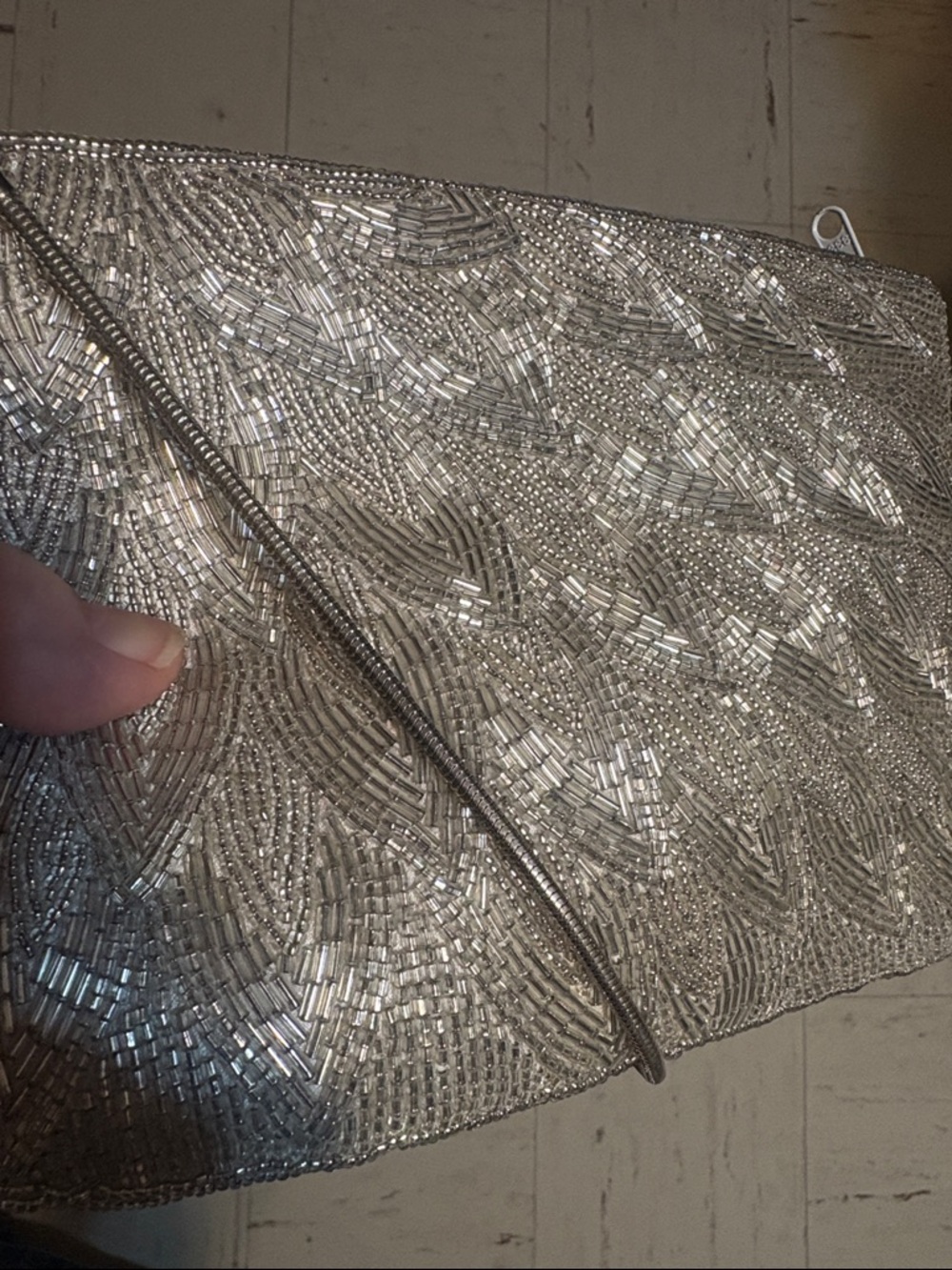 La Regale Silver Fully Beaded Bag Purse Mesh Shoulder Strap Zipper Closure - Picture 10 of 10